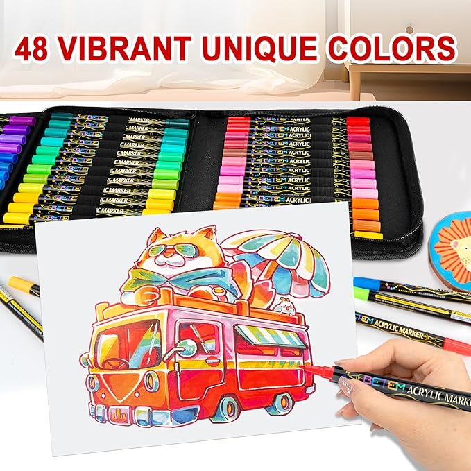 Betem Paint Markers Acrylic Paint Pens, Dual Tip 48 Colors Acrylic Markers with Brush Tip and Fine Point, Art Supplies for Wood, Canvas, Stone, Glass, Rock Painting Kit DIY Crafts Drawing Kit with Bag