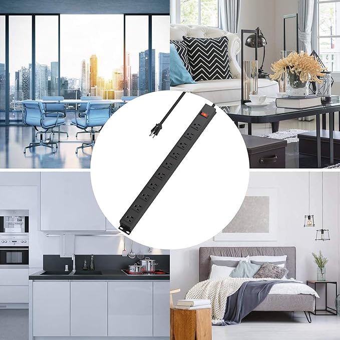 10 Outlet Metal Power Strip,8FT Long Extension Cord Heavy Duty for Kitchen,Office,School,Commercial,Workshop,Industrial,ETL Certified and Listed Socket,1825W/125V/15A,Black(8FT)