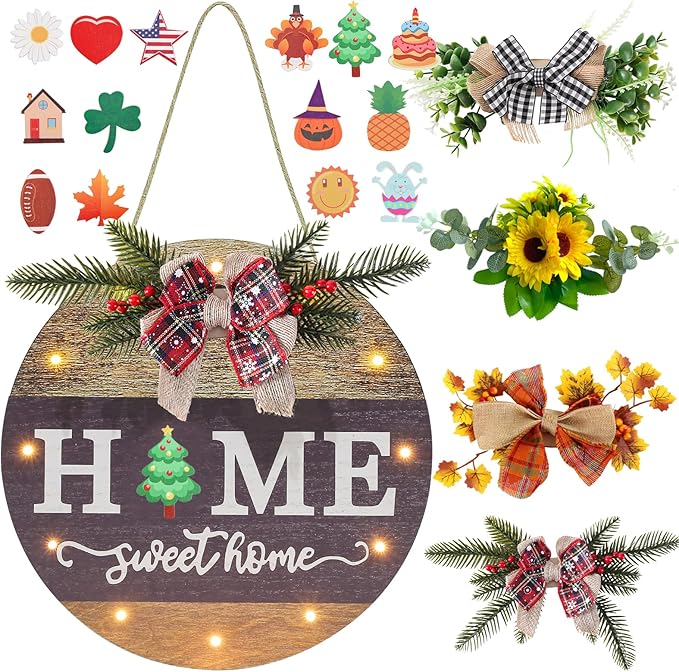 Interchangeable Seasonal Welcome Sign Front Door Decoration with 4 Seasonal Wreaths and LED Light, Rustic Round Wood Wreaths Wall Hanging Outdoor, Farmhouse Front Door Decoration Home Décor