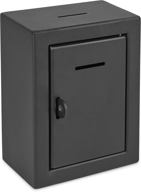 Metal Donation Box Charity Steel Collection ballot Box Office Suggestion Box Secure Box With Front and top Slot Easy Wall Mount with pre drilled holes 8.5x6.5x4" Drop Box for Home and Office(Black)