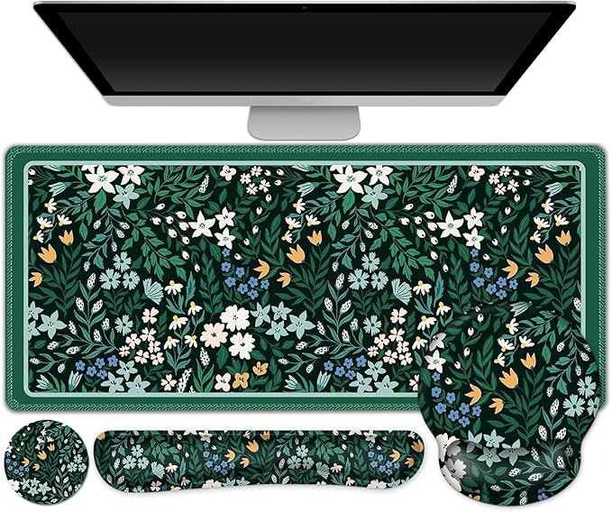 ARTSO Desk Pad Desk Mat, XXL Large Gaming Mouse Pad with Wrist Rest Wrist Support, Ergonomic Mouse Pad, Keyboard Wrist Rest, Home Office Desk Accessories Decor, Green Flower Plants