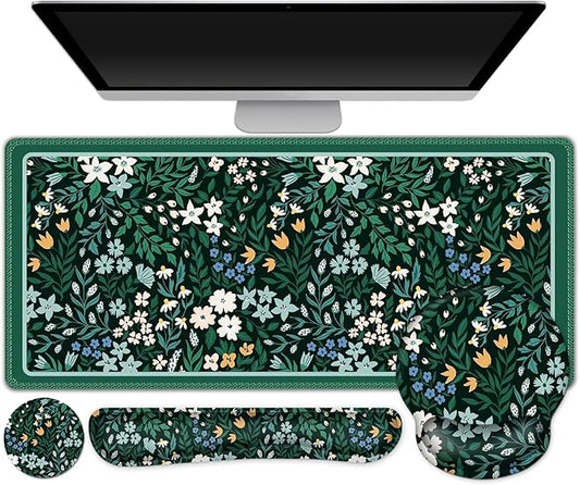ARTSO Desk Pad Desk Mat, XXL Large Gaming Mouse Pad with Wrist Rest Wrist Support, Ergonomic Mouse Pad, Keyboard Wrist Rest, Home Office Desk Accessories Decor, Green Flower Plants