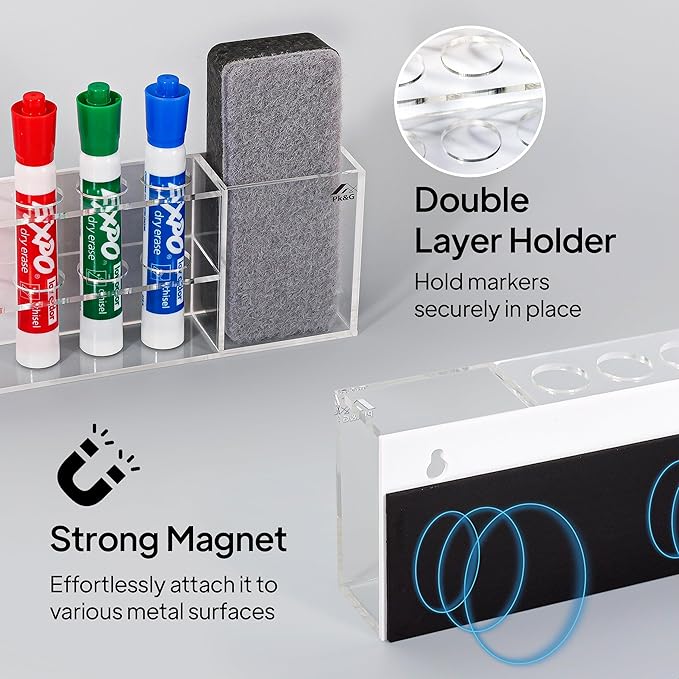 Slim Magnetic Dry Erase Marker Holder for Whiteboard, Space Saving Pen Organizer with Glass and Wall Mount Accessories for Fridge, Office, and School. Markers, Eraser, Cleaner Not Included (Clear)