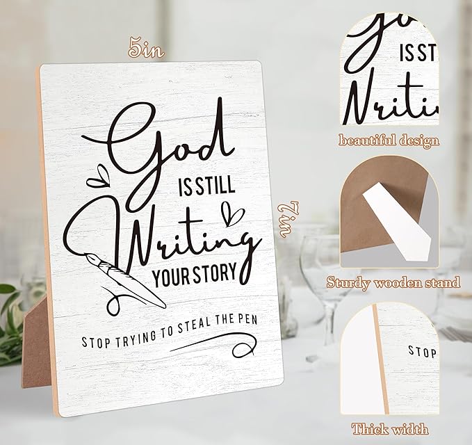 God Is Still Writing Your Story Wooden Sign with Stand, Bible Verses Decor, Christian Home Decor, Desk Signs for Office, Christian Gifts, Coworker Gifts, Encouragement Gifts for Women Men Friend,10