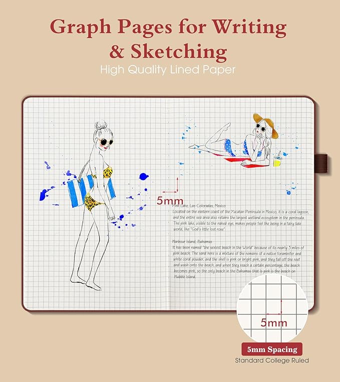 Graph Notebook for Women Men, 160 Pages Grid Paper Journal, A5 Hardcover Vintage Leather Graphing Notebooks for School, Work, College Ruled, Inner Pocket, 5.8"x8.5" (Brown)