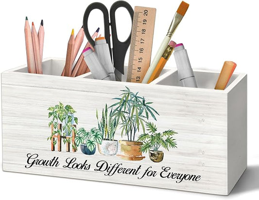 Mental Health Inspirational Pen Holder Organizer for Desk Accessories, Growth Looks Different for Everyone Motivational Wooden Box Desk Decorations for Therapy Counselor Office Decor