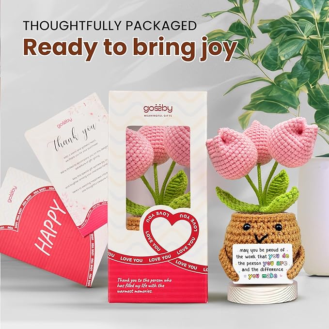 Gossby Handmade Positive Tulip Flower Crochet - May You Proud of The Work That You Do - Inspirational Gift for Women - Positive Energy, Apreciation, Farewell, Retirement, Goodbye Gift for Coworker