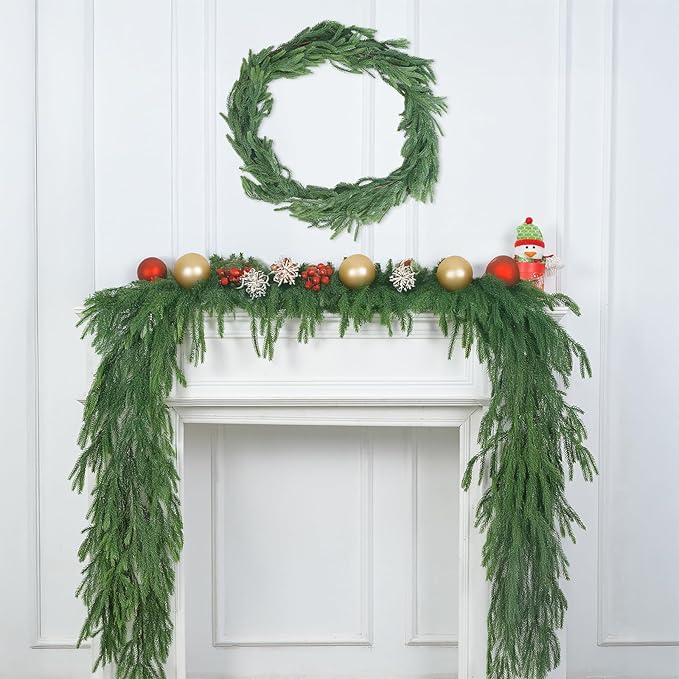 2 Pcs 6 Ft Artificial Norfolk Pine Christmas Garlands for Holiday Indoor Outdoor Decor，Real Touch Pine Garlands，Artificial Greenery Garland for Home Dining Table，Mantel，Wall Porch Christmas Decor. ﻿