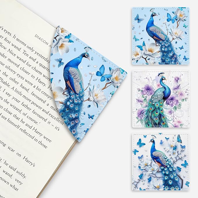 Peacock Corner Bookmarks, Cute Leather Book Accessories for Book Lovers, 3 Pcs Reading Book Page Markers for Women Men Student Teacher Girls Boys Kids Retirement Birthday Gifts