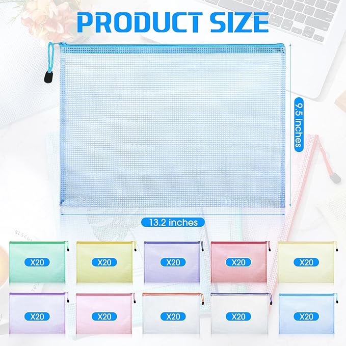200 Pcs A4 Mesh Zipper Pouch Bulk Waterproof Mesh Zipper Organizer Plastic File Folder Case for School Office Supplies Document Board Games Puzzle(Colorful)
