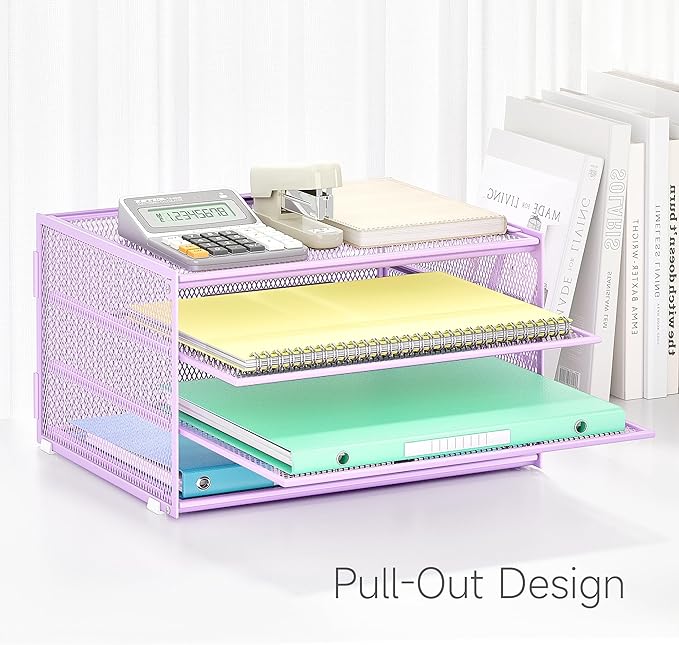 Lavatino 3-Tier Letter Tray Desk Organizer – Purple Mesh Metal Paper File Tray Organizer for Desk, Office Supplies & Home Organization | Fits A4/Letter Paper, Mail, Magazines and Office Accessories
