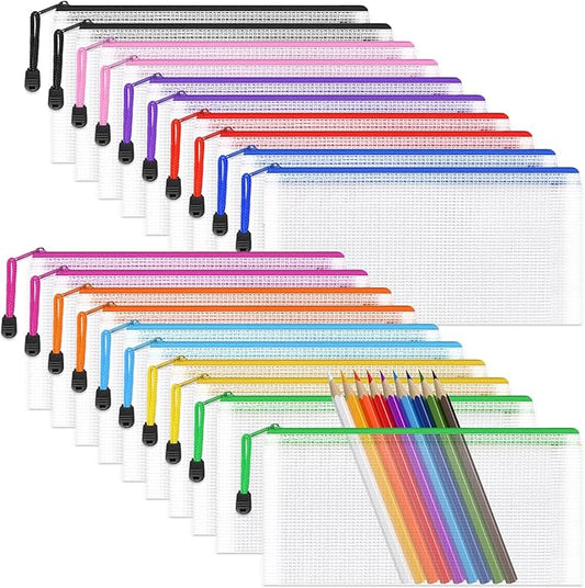 Umriox Clear Pencil Pouch, 9.2 x 4.7 in (10 Colors, 20 Packs), A6 Pencil Bags with Zipper Bulk, Mesh Zipper Pouch for Bill Stationary Cosmetics Travel Storage
