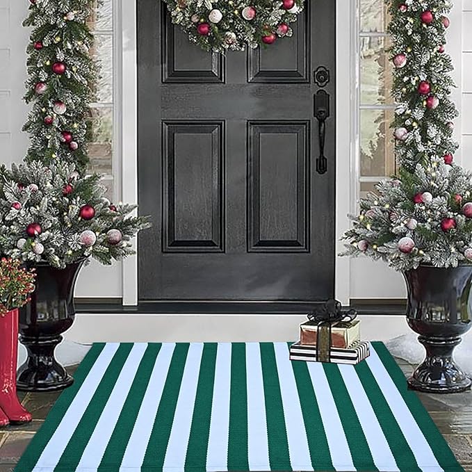 CAINANEL Christmas Outdoor mat 27.5"x43" Green and White Striped Outdoor Rug Front Porch Rug,Christmas Home Decor, Layerd Welcome Doormat for Front Porch Decor, Front Door, Farmhouse Decor