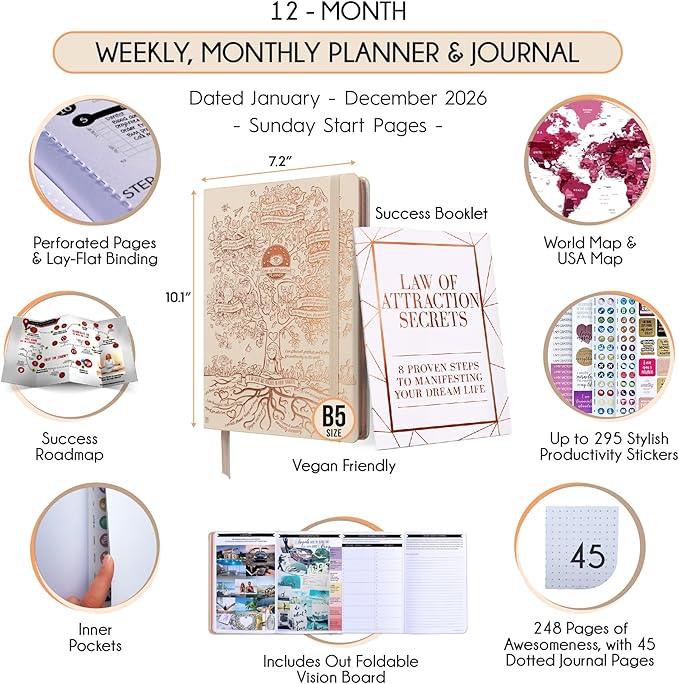 2026 Planner Weekly and Monthly | Law of Attraction Planner with Panduo App | A 12 Month Journey for Productivity, Gratitude & Goal Setting | Includes Foldable Vision Board, Gift Box & Stickers