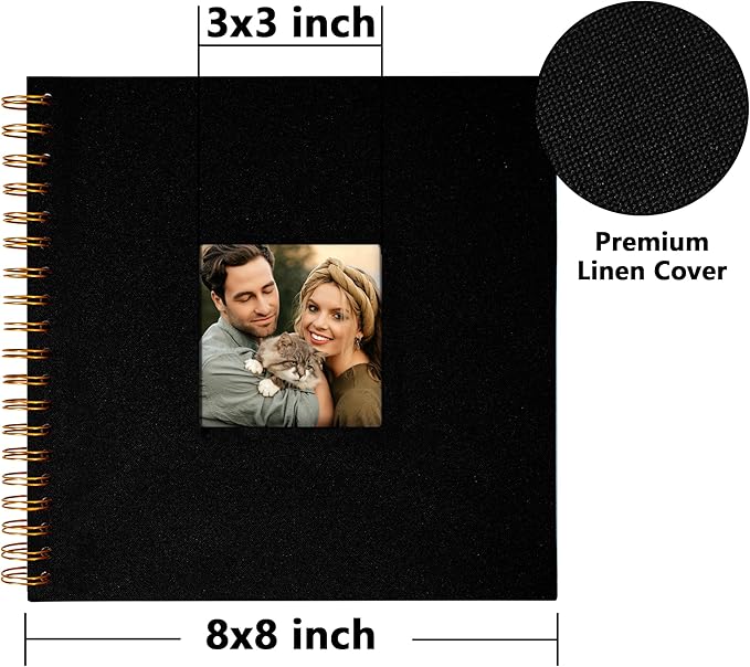 Vienrose 8x8 Inch Scrapbook DIY Small Hardcover Kraft White Pages Scrapbook Photo Album Linen Cover Scrap Book Photo Albums Scrapbooking Supplies Kit for Couple Family Wedding Travel Black