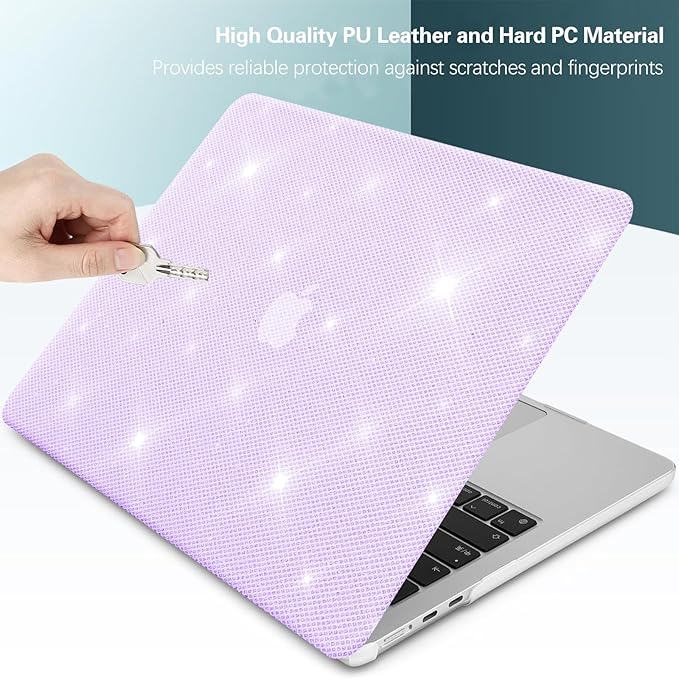 KEROM Glitter Case for MacBook Air 13 inch 2025-2022 M4 M3 M2 A3240 A3113 A2681, Luxury Bedazzled Shiny Bling Sparkle Textured PU Leather Hard Shell & Keyboard Cover for Mac Air 13.6 inch Case, Purple