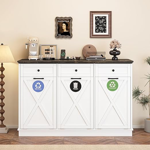 Triple 13 Gallons Tilt Out Trash Cabinet, Farmhouse Garbage Recycling Cabinet with Power Outlets, 3 Drawers, Pet Proof, Freestanding Kitchen Trash Bin Cabinets, White