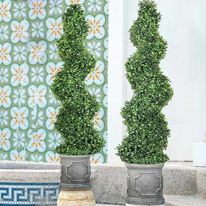 4FT Artificial Spiral Boxwood Topiary Trees with Antique-White Roman-Style Planter - Outdoor&Indoor Year-Round Garden, Porch, Entryway Decor (2 Pack)