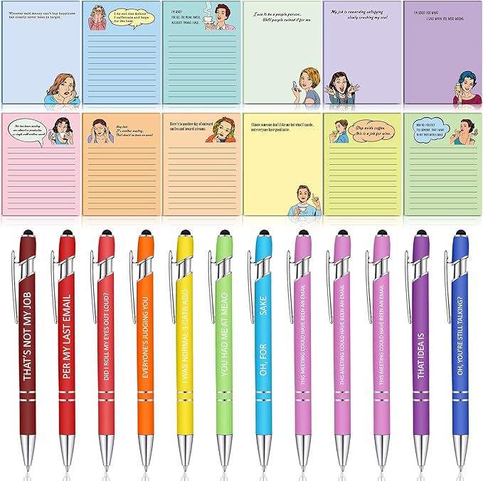 Geyee 24 Pcs Interesting Sticky Notes with Funny Pens Fun Notepads for Adults Coworkers Nurse 3 x 4 Inch to Do List Notepads with Sayings Pen for Lab Week Gifts Teacher Office Supplies