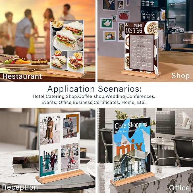 Kersally Acrylic Sign Holder 5 x 7, 4 Pack Double-Sided Clear Table Display Stands with Wood Base,Vertical Acrylic Frame Menu Flyer Paper Holder for Stores, Restaurants, Hotels, Office, Show Fair