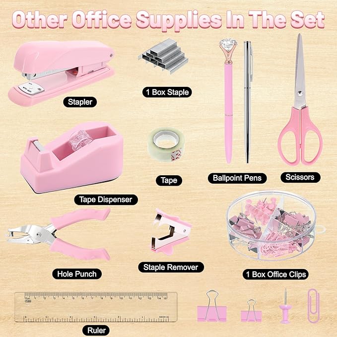 SYMDROMIA 13-in-1 Office Desk Organizer Set with Stapler and Tape Dispenser, Pen Holder, Scissors, Ruler, Hole Punch, 2 Pens & More Desktop Accessories for Back to School Supplies (Pink)
