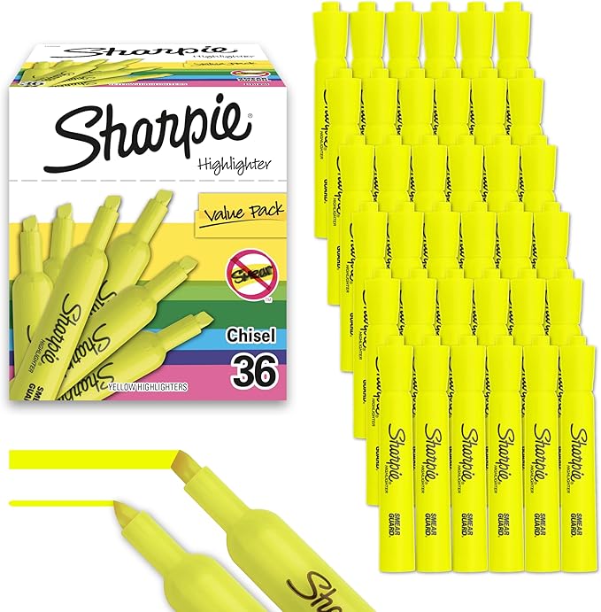 SHARPIE Tank Style Highlighters Chisel Tip Fluorescent Yellow 36 Count (Pack of 6)