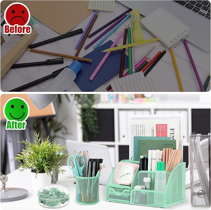 13-in-1 Office Desk Organizer Set with Stapler and Tape Dispenser, Pen Holder, Scissors, Ruler, Hole Punch, 2 Pens & More Desktop Accessories for Back to School Supplies (Green)