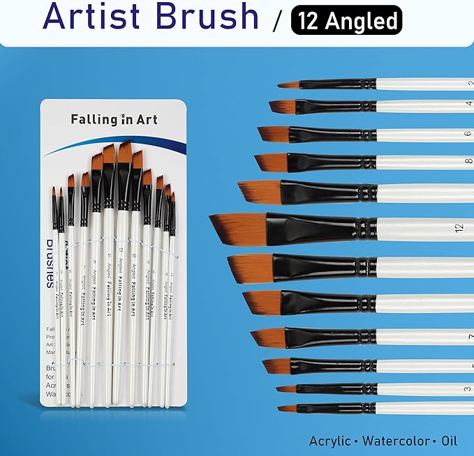 Falling in Art Paint Brushes Set, 12 PCS Nylon Professional Angled Paint Brushes for Watercolor, Oil Painting, Acrylic, Face Body Nail Art, Crafts, Rock Painting