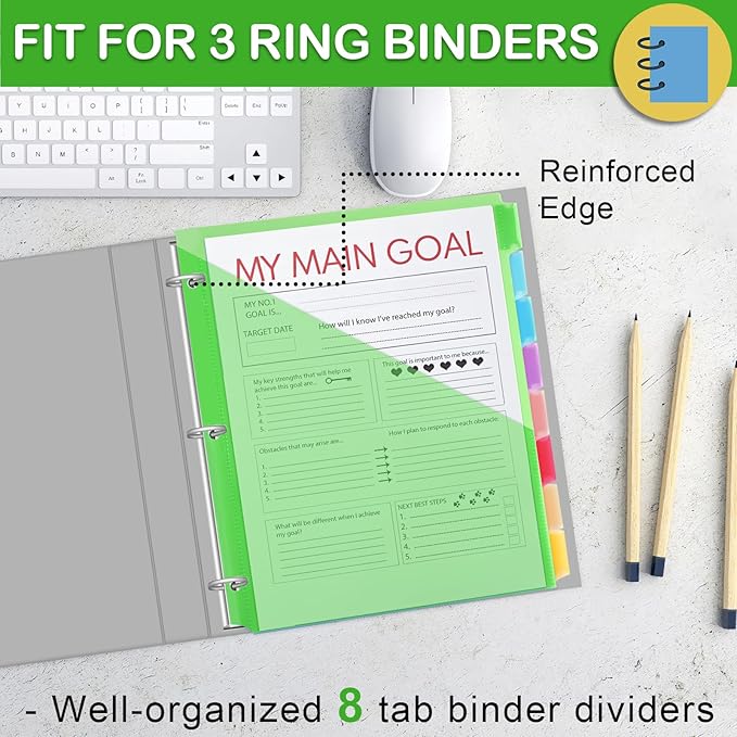 3 Ring Binder Dividers with Pockets, 8 Tab Plastic Dividers for 3 Ring Binders, Heavy Duty Binder Dividers with Blank Write Tabs for School Office Document Indexing and Protection, Multicolor
