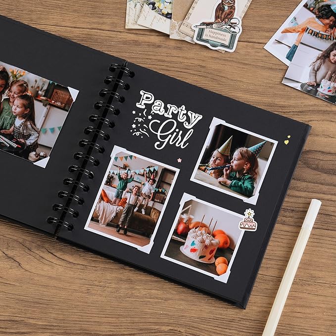 potricher 7 x 7 Inch DIY Scrapbook Album 40 Pages Hardcover Kraft Paper Scrap Book Photo Albums Memory Book for Wedding and Anniversary Family (Black, 7 Inch)