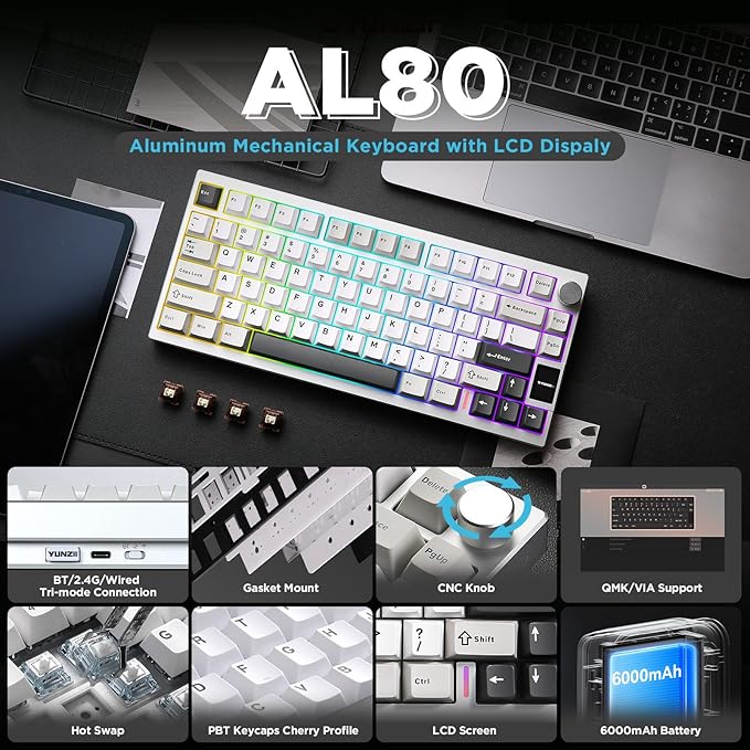 YUNZII AL80 Wireless Mechanical Keyboard,Full Aluminum CNC, Smart LCD Display,Hot Swappable Gasket Mount 75% Layout with Knob,BT/2.4G/USB-C,QMK/VIA Support for Win/Mac (Silver, Cocoa Cream V2 Switch)