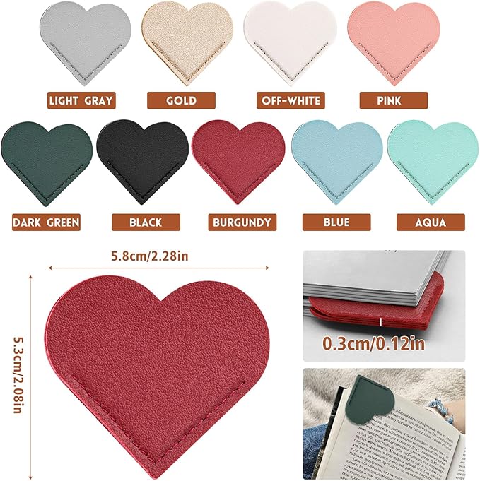 9 Pcs Leather Heart Bookmarks, Cute Heart Bookmark Corner, Bookmarks for Women, Book Marks for Teachers Students School Office Home Supplies