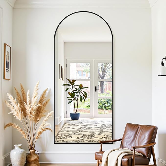 Full Length Mirror, 68"x26" Oversized Floor Mirror Freestanding, Full Body Mirror Floor Standing Mirrors with Stand, Hanging Mounted Mirrors for Bedroom Living Room, Black, Arched Style