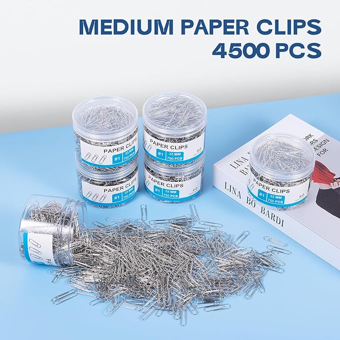 4500 Pcs Paper Clips Bulk Paperclips Medium: 1.3 Inches Paper Clip for Office Supplies Paperwork Students School Home, Paperclip Metal Clips for Paper, 750 Pcs x 6 Boxes, Silver
