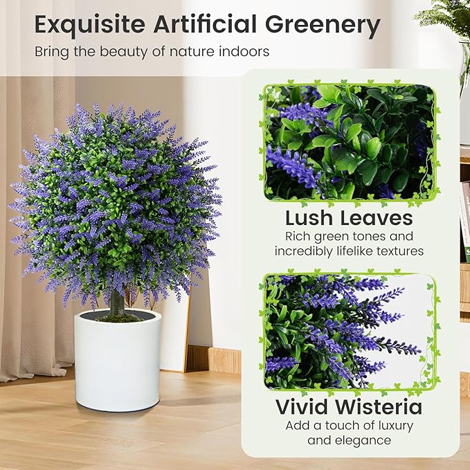 Goplus 22'' Artificial Wisteria Topiary Ball Tree, Set of 2 Faux Potted Plants Artificial Shrubs Bushes with Vivid Wisteria, Fake Evergreen Boxwood Topiary for Indoor Outdoor Home Front Porch Decor