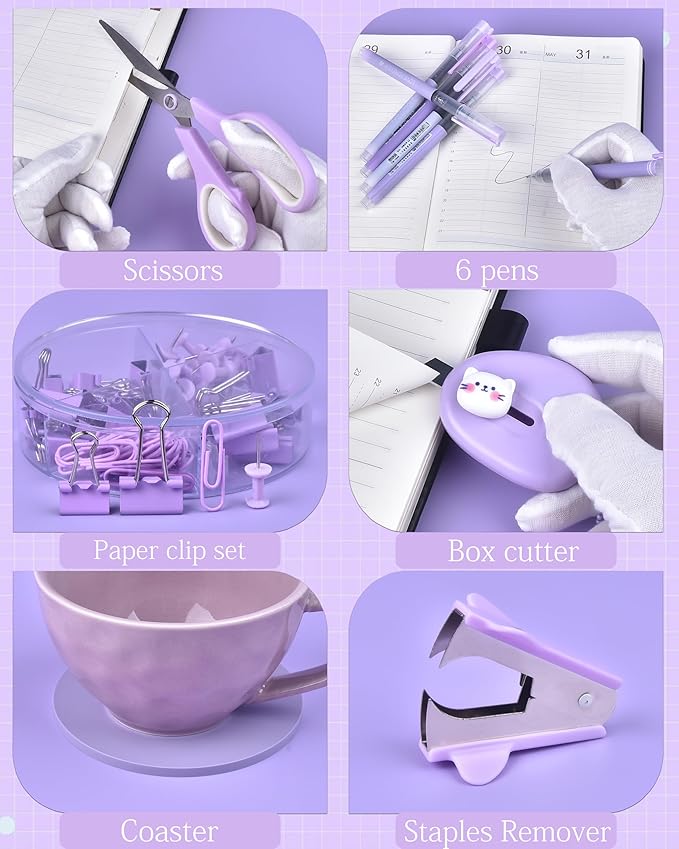 23pc Purple Desk Accessories and Organizers with Mesh Organizer Stapler Tape Dispenser Calculator and a Lot of Office Purple Office Supplies Beautifully Presented in a Gift Box