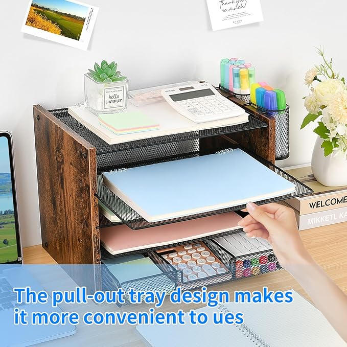 OPNCIE Desk Organizer and Accessories, 5-Tier Paper Letter Tray File Organizer with Drawer & 2 Pen Holder, Office Desk Accessories Workspace Desktop Organizer for Office Supplies(Brown)