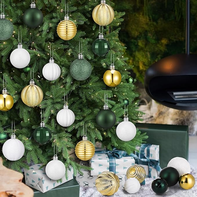 64 Pcs Christmas Ball Ornaments Bulk Emerald Green Gold White Christmas Tree Decorations 1.6/1.97/2.4 Inch Shatterproof Glitter Xmas Baubles Assorted Xmas Bulbs Ornaments for Tree Home Decor