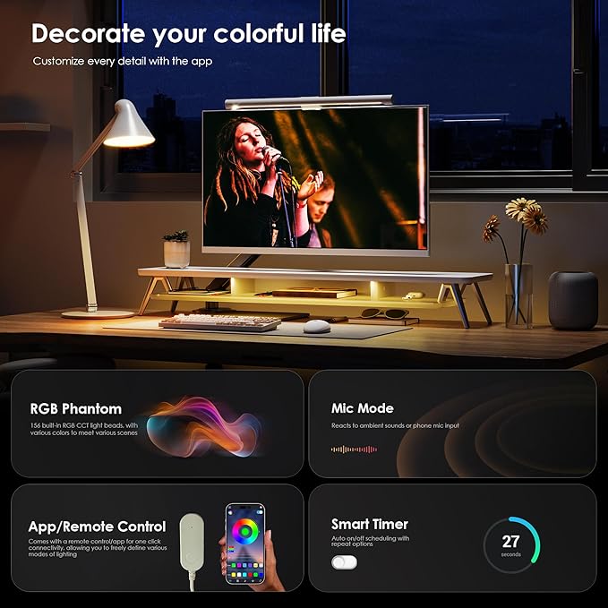 Fenge Dual Monitor Stand for Desk, 2 Tiers Monitor Riser with Acrylic Shelf & App Control LED Lights, 42.5 Inch Wood and Aluminum Desk Shelf with Phone and Tablet Holder