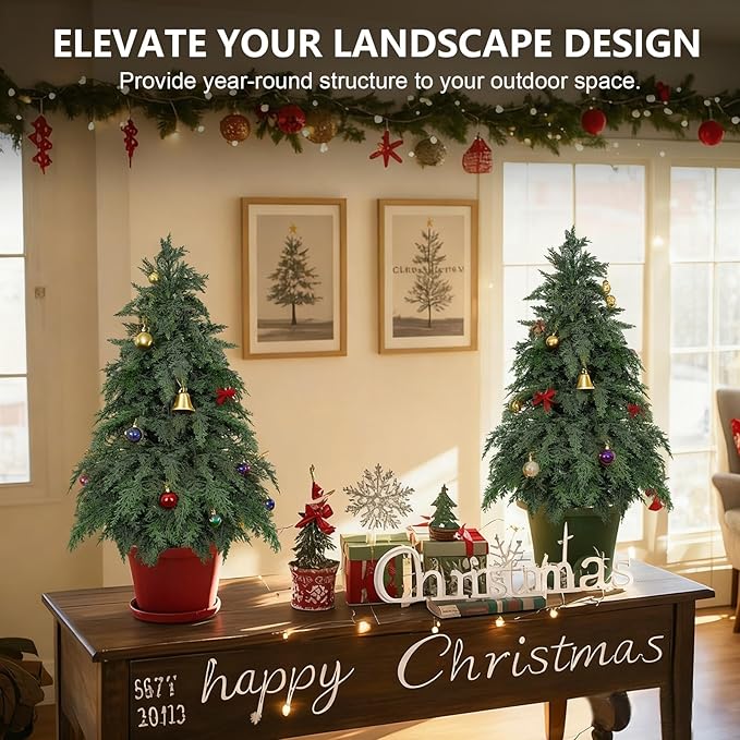 3FT Artificial Topiary Tree with Pot, 2 Pack Fake Evergreen Tree for Porch, Artificial Plants for Outdoor Christmas Home Garden Decor