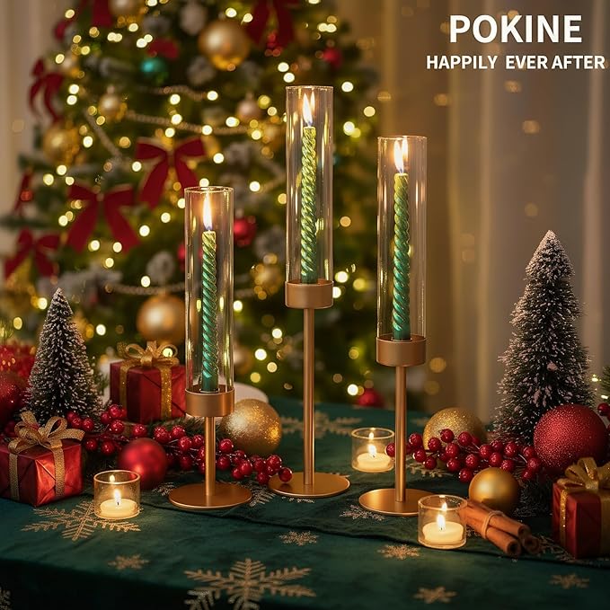 Tall Candle Holders Set of 3, Hurricane Glass Taper Candlestick Holders for Wedding, Christmas Decor, Dining Table, Party Centerpieces