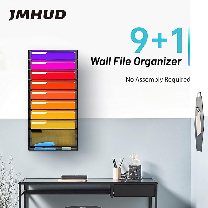 10 Tier Wall File Organizer, Hanging Wall Mount File Holder Paper Folder Mail Organizer, Mesh Metal, Black 2Pack