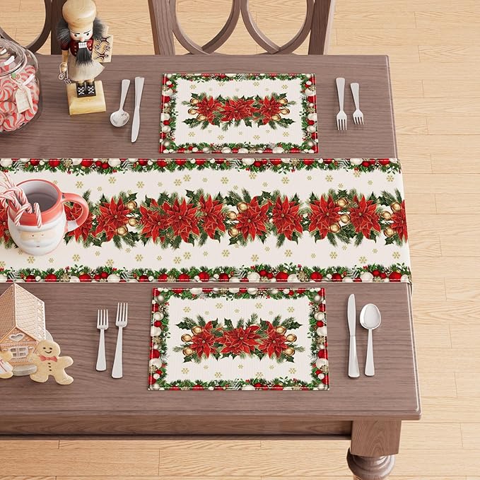 XCHI Christmas Poinsettias Leaves Bells Snowflakes Winter Xmas Placemats Set of 8 Table Mats for Party Home Kitchen Dining Table Decorations 12x18 Inch