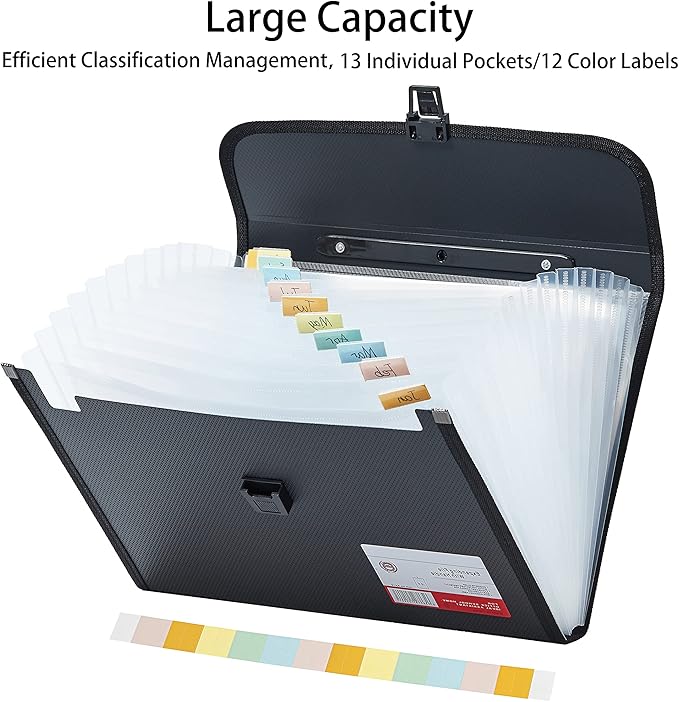 Legal Size 13 Pocket Accordian File Organizer Expanding File Folder for FC A4 Paper, Briefcase File Case with Durable Handle & Buckle Closure for School Home & Business (Black-2)