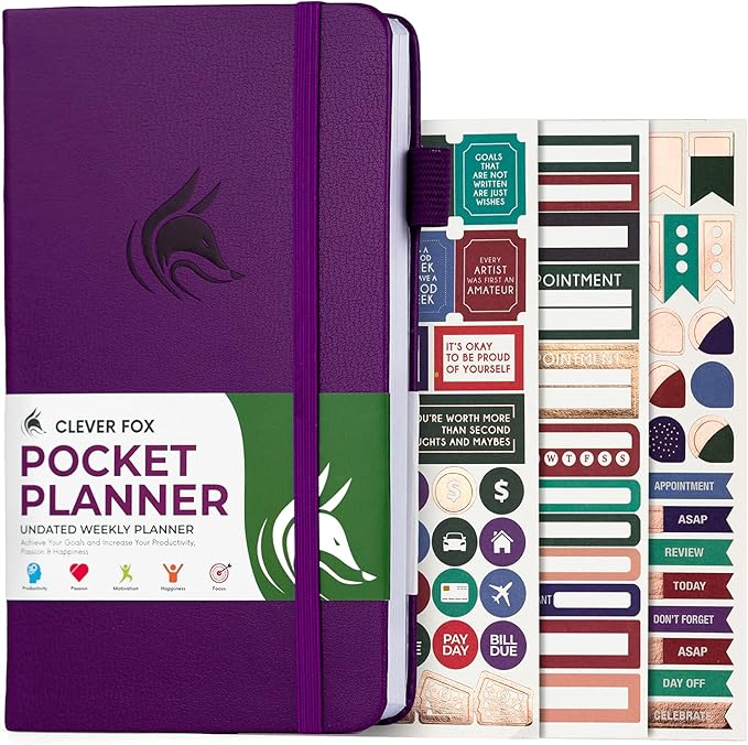 Clever Fox Pocket Planner Weekly – Undated Monthly Goal Planner and Calendar, Mini Planner Perfect for Purse, 3.7x6.7" (Purple)