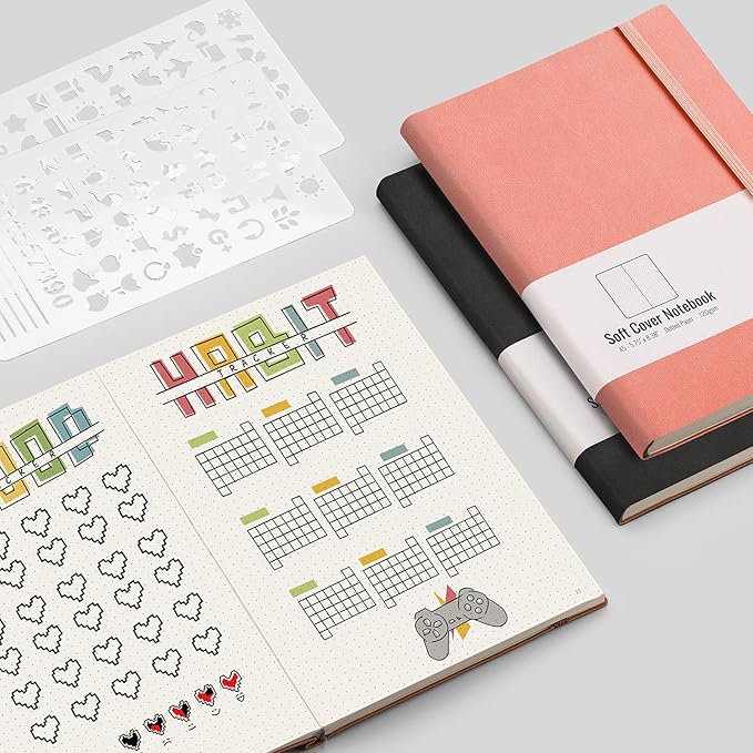 AHGXG Dotted Bullet Grid Journal 2 Pack - A5 Dot Grid Notebook for Women, Medium 5.75'' × 8.38'', 320 Numbered Pages, 120gsm Thick Dotted Paper, Soft Leather Cover (Black Pink)