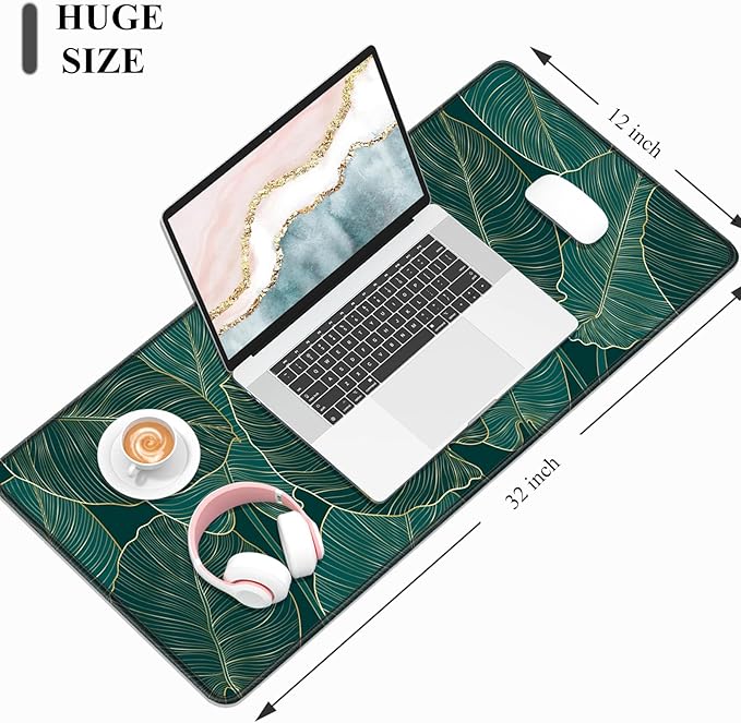Desk Mat, 32" x 12" XXL Extended Large Gaming Mouse Pad, Desktop Decor Desk Pad, Cute Men Women Office Supplies and Accessories, XL Mouse Mat for Laptop & Keyboard, Teal Tropical Leaves