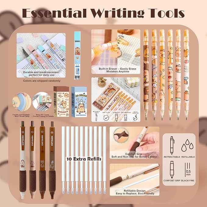 School Supplies Cute Stationery Set Back to School Capybara Pencil Case,Canvas Bag,6 Gel Pens,4 File Pockets,3 Glue Sticks,6 Mechanical Pencils, Perfect Easter Christmas Birthday Gifts for Children