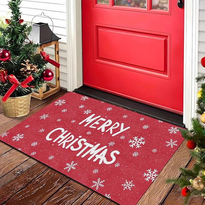 Christmas Door Mat for Indoor Outdoor Merry Christmas Snowflakes Welcome Mat Home Decor Non-Slip Rug Perfect for Front Door and Entryway Easy Clean, 16" x 24" Inch