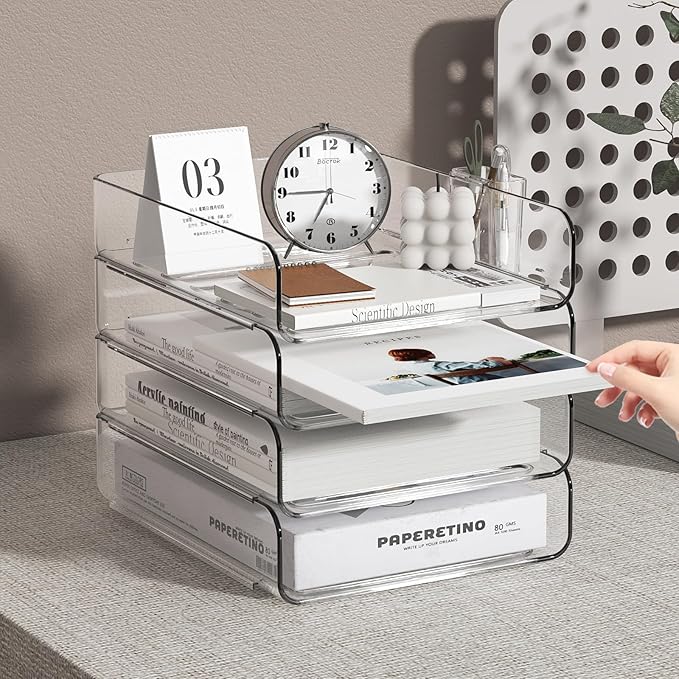 4-Tier Acrylic Paper Tray Organizer with Pen Holder | Clear Stackable Desk Organizer for Documents, Letters, A4 Paper | Modern Office/Classroom/Home Organization
